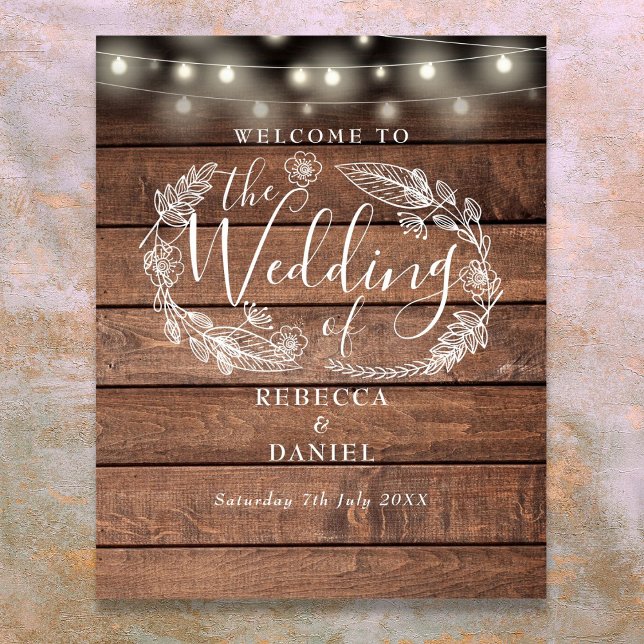 Póster Luces de Cadena de Madera Floral para Bodas Letrer (Floral Wood String Lights Wedding Welcome Sign)