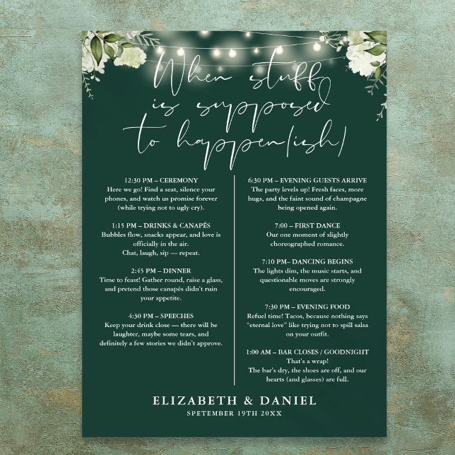 Póster Luces de Cadena Esmeralda Itinerario de Boda Flora (Emerald String Lights Floral Wedding Itinerary Poster)