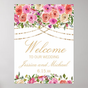 Póster Luces de Cadena Floral Rosa Blanca de Bienvenida d
