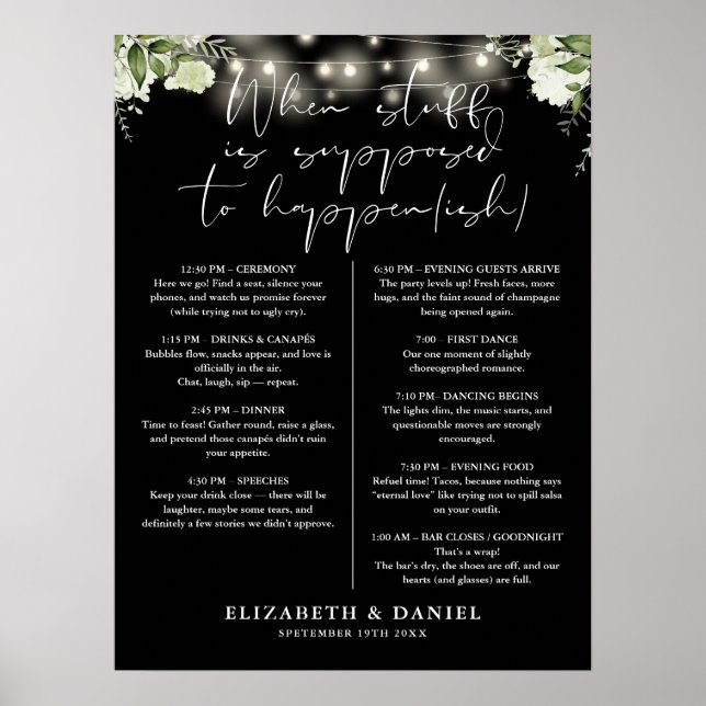 Póster Luces de Cadena Florales Negras y Blancas Itinerar (Frente)