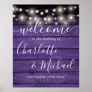 Póster Luces de Cadena Signo de Bienvenida Boda Madera Mo