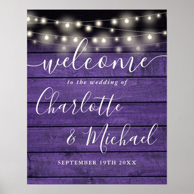 Póster Luces de Cadena Signo de Bienvenida Boda Madera Mo (Frente)