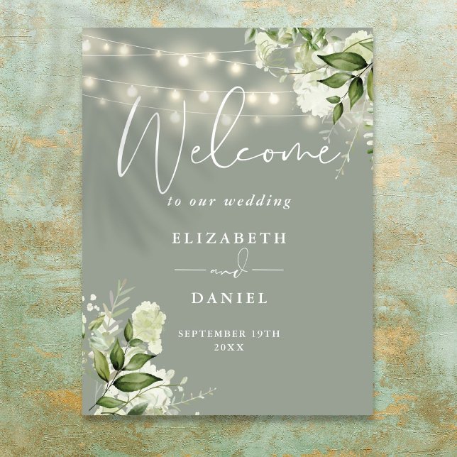 Póster Luces de Cadena Verde Salvia Floral Bienvenida de  (Sage Green String Lights Floral Wedding Welcome Poster)