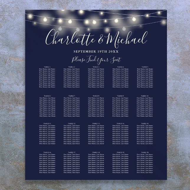 Póster Luces de Cadenas Azul Marino Carta de Asientos de  (String Lights Navy Blue Wedding Seating Chart)