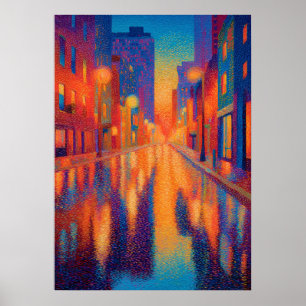 Póster Luces de calle puntillismo en ciudad lluviosa
