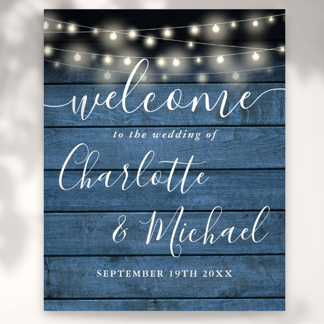 Póster Luces de Cuerda Azules Letrero de Bienvenida para  (Blue String Lights Rustic Wedding Welcome Sign)