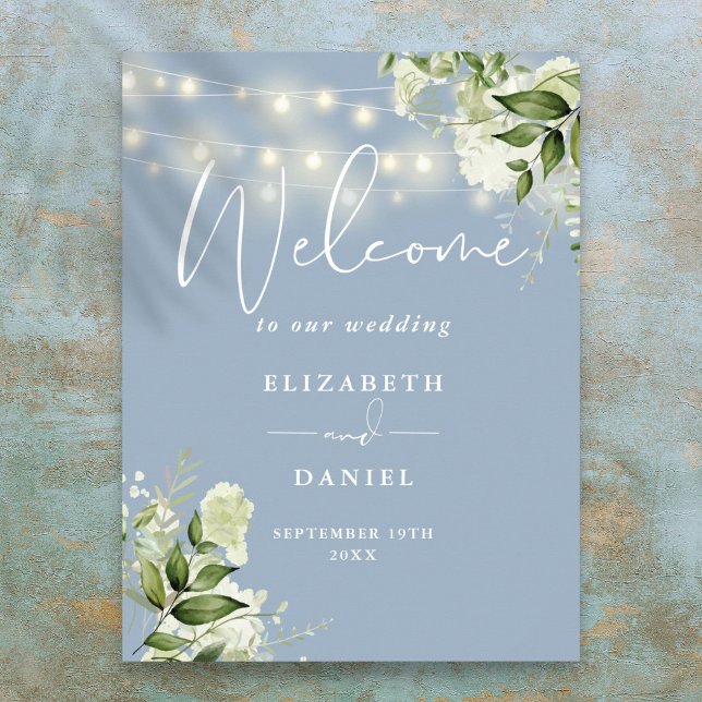 Póster Luces de Cuerda Azules Polvorientas Flores Bodas B (Dusty Blue String Lights Floral Wedding Welcome Poster)