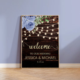 Póster Luces de Cuerda de Madera Rústica Boda Floral Azul