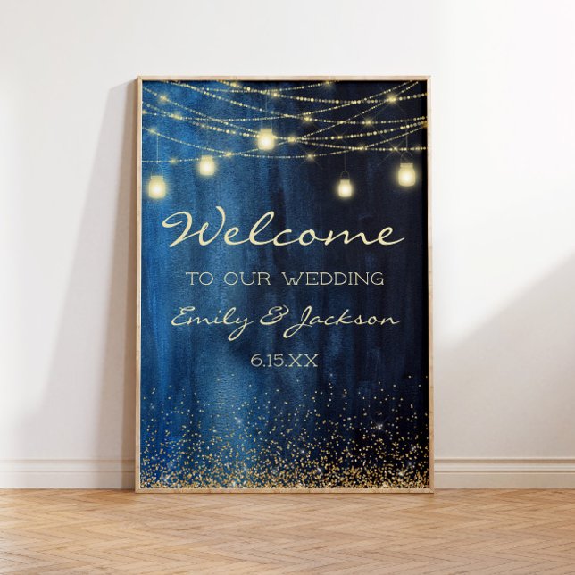 Póster Luces de Cuerda de Oro Azul Marino Bienvenida de B (Navy blue and gold string lights wedding welcome poster)