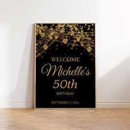 Póster Luces de Cuerda de Oro Negro Bienvenido 50 Cumplea