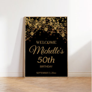 Póster Luces de Cuerda de Oro Negro Bienvenido 50 Cumplea