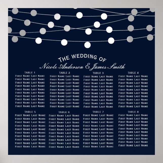Póster Luces de Cuerda de Plata Azul Asientos de Boda Mod (Frente)