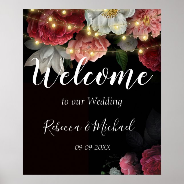 Póster Luces de cuerda ruidosa floral de Borgoña (Frente)