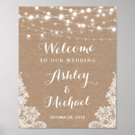 Póster Luces de cuerda rusas Lace Burlap Rótulo Boda