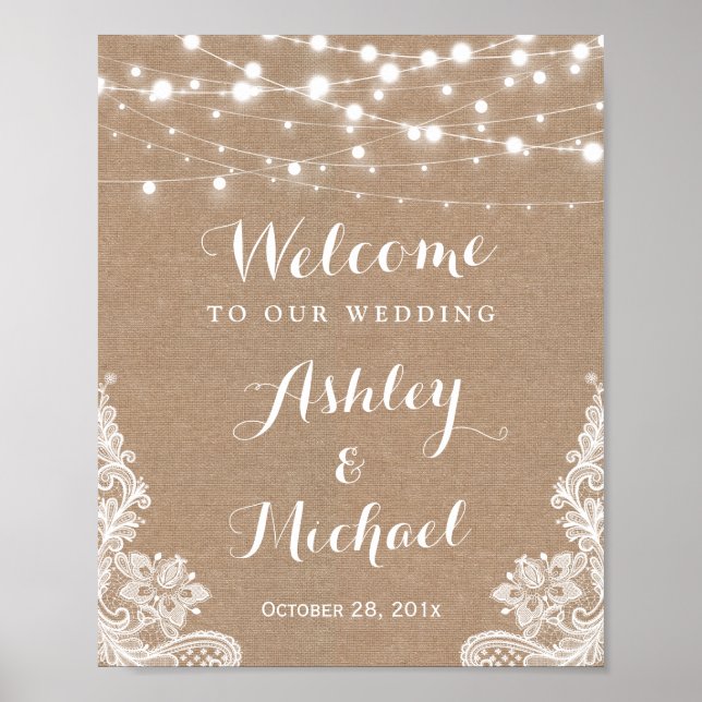 Póster Luces de cuerda rusas Lace Burlap Rótulo Boda (Frente)