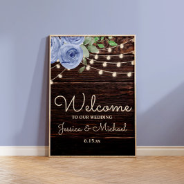 Póster Luces de Cuerda Rústicas Azules Florales Bienvenid