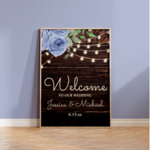 Póster Luces de Cuerda Rústicas Azules Florales Bienvenid