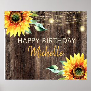 Póster Luces de Cuerda Rústicas de Girasoles Feliz Cumple