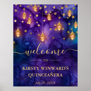Póster Luces de linterna púrpura y azul para Quinceañera