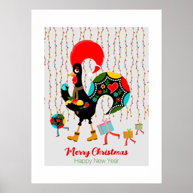 Póster Luces de navidad, baubles, regalos y Rooster (Frente)