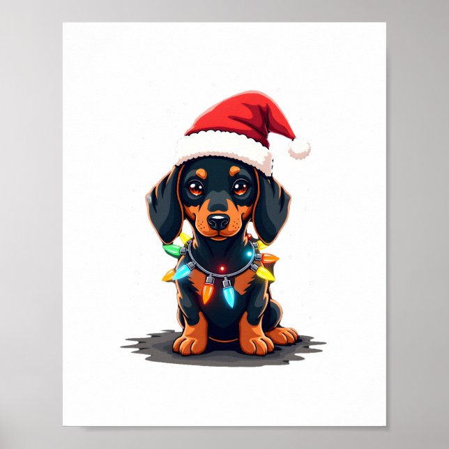 Póster Luces de Navidad Dachshund Sombrero de Santa Navid (Frente)