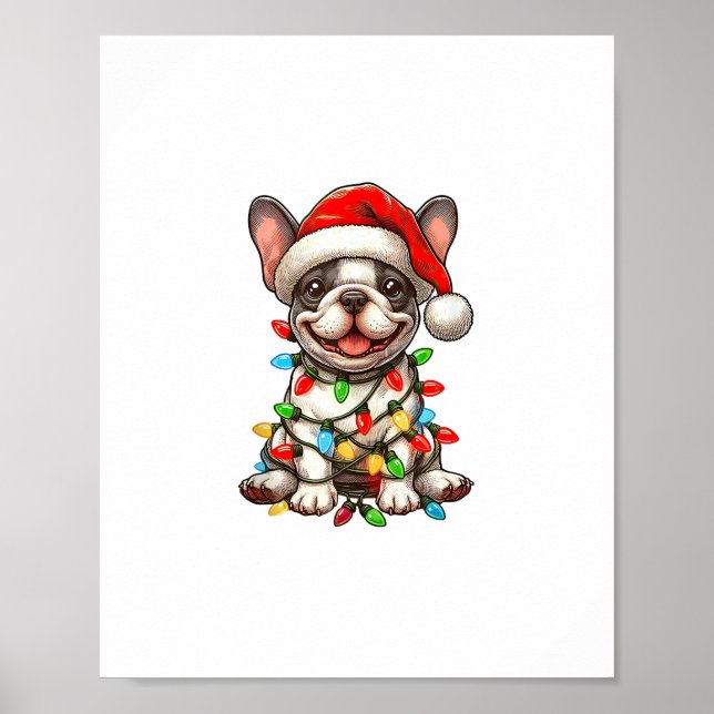 Póster Luces de Navidad de Bulldog Francés Gorro de Santa (Frente)