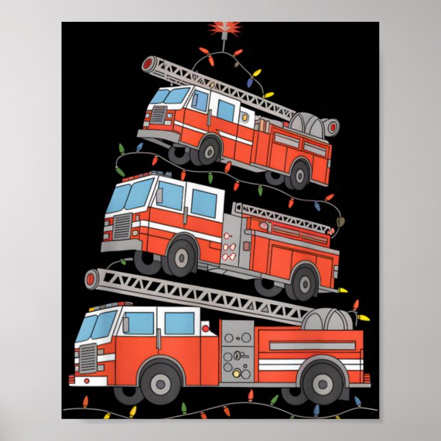 Póster Luces de Navidad de Camiones de Bomberos Árbol de  (Frente)