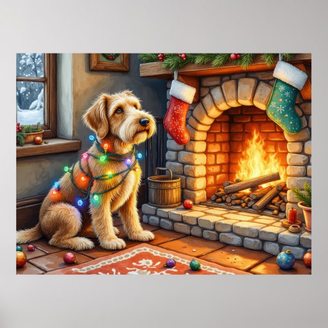 Póster Luces de Navidad de Chimenea de Terrier Airedale (Frente)