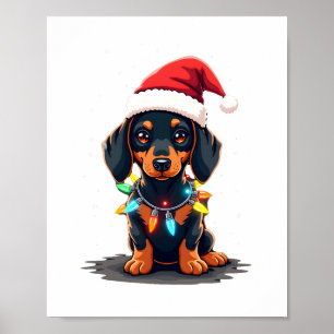 Póster Luces de Navidad de Dachshund Sombrero de Santa Am