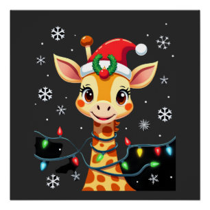 Póster Luces de Navidad de Jirafa Lindo Sombrero de Santa