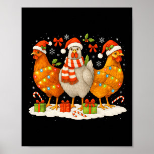 Póster Luces de Navidad de pollo Sombreros de Santa Reno