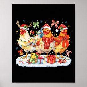 Póster Luces de Navidad de pollo Sombreros de Santa Reno