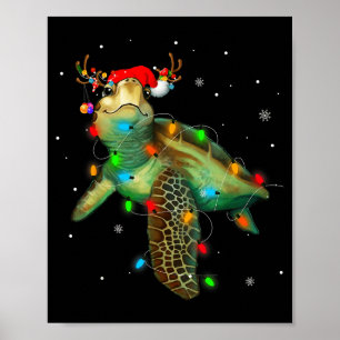 Póster Luces de Navidad de Tortuga Marina Gorro de Santa 
