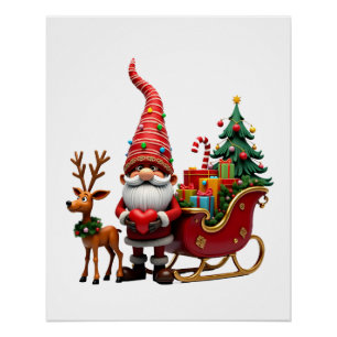 Póster Luces de Navidad Gnome Santa Claus Montando Trineo