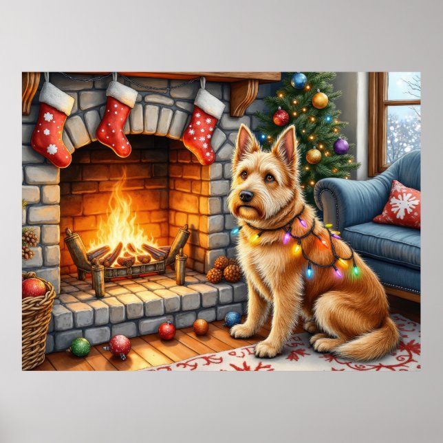 Póster Luces de Navidad junto a la Chimenea con Bouviers  (Frente)