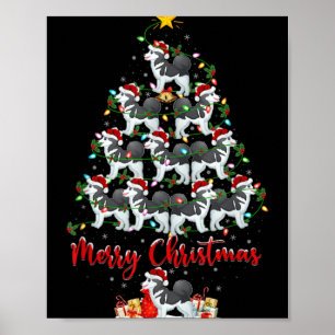 Póster Luces de Navidad Santa Husky Siberiano Perro Árbol