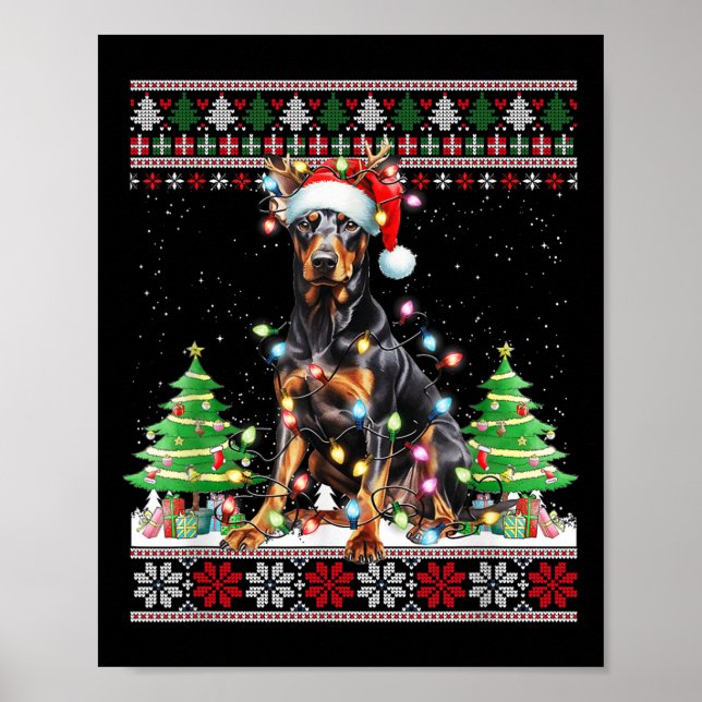 Póster Luces de Navidades de renos de perro de Doberman (Frente)