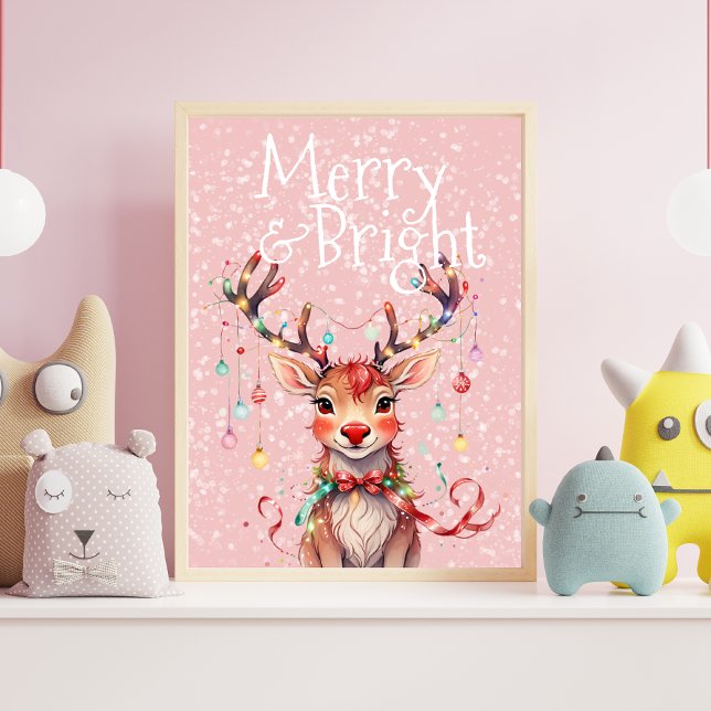 Póster Luces de Navidades y renos malcriados y vivos (Cute Reindeer and Christmas Lights Poster)