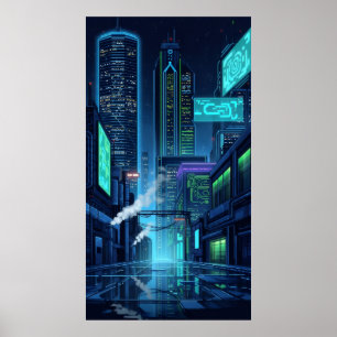 Póster luces de neón de la ciudad de píxeles futura