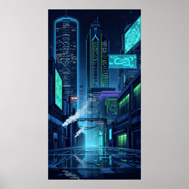 Póster luces de neón de la ciudad de píxeles futura (Frente)