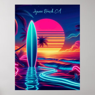 Póster Luces de neón de la tabla de surf del atardecer-