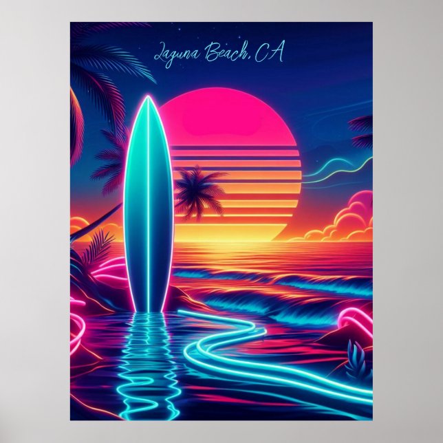 Póster Luces de neón de la tabla de surf del atardecer- (Frente)