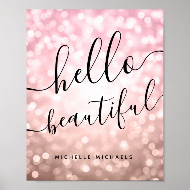 Póster Luces de oro Rosa personalizadas "Hello Beautiful" (Frente)