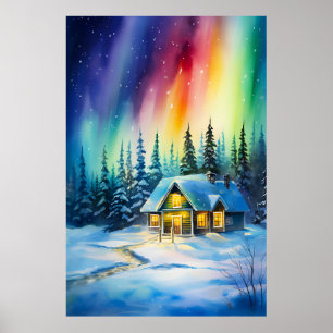Póster Luces del norte aurora boreal Casa de Navidad
