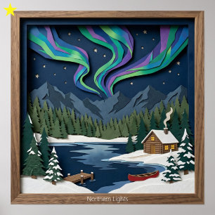 Póster Luces del Norte Collage de Papel Diorama Canadá
