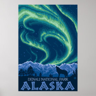 Póster Luces del Norte - Parque Nacional Denali, Alaska