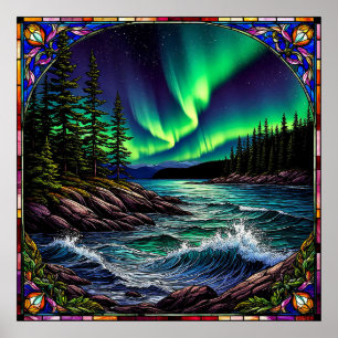 Póster Luces del Norte sobre un vibrante paisaje costero