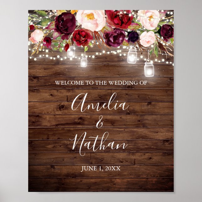 Póster Luces Florales Burgundy de Madera Rústica para Bod (Frente)