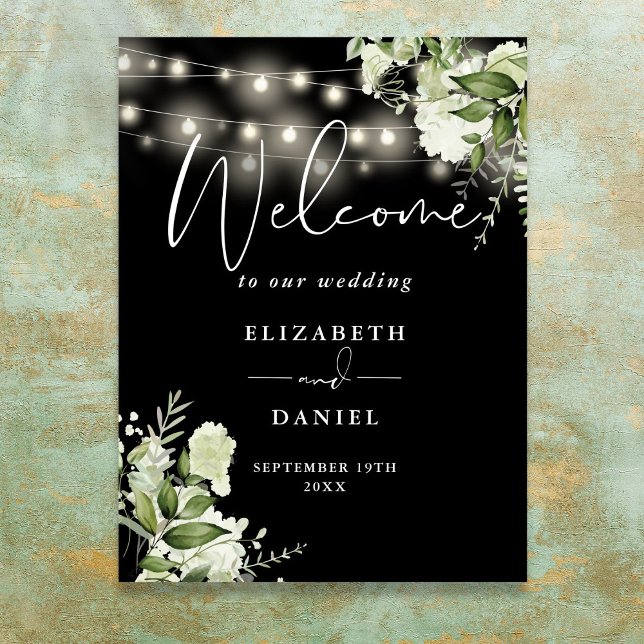 Póster Luces Florales en Blanco y Negro para Bienvenida d (Black And White Floral Lights Wedding Welcome Poster)