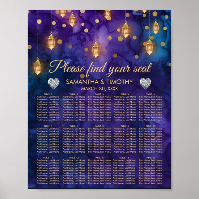Póster Luces Linternas Azules Moradas y Gráfico de Asient (Frente)